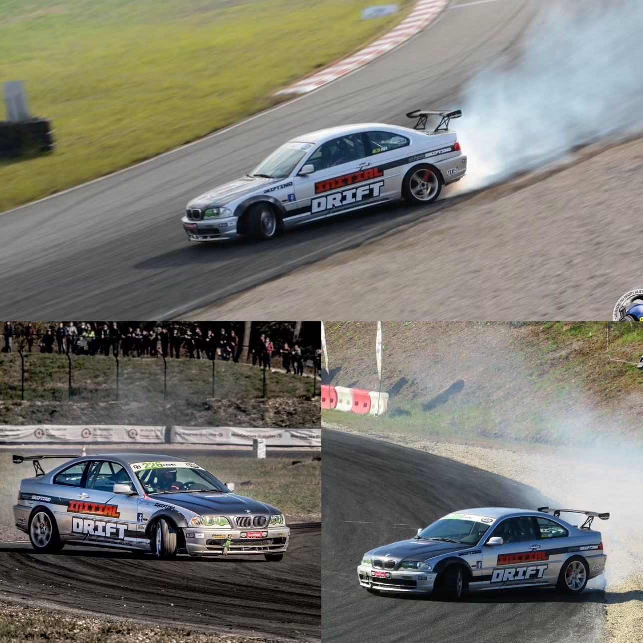 Montage de trois vues d'une BMW Initial DRIFT argentée en glisse sur circuit.